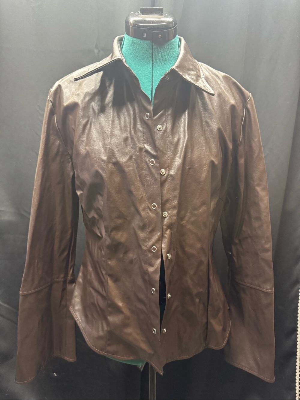 Women's Brown Leather Button-Down Shirt - Classic Collared Style
